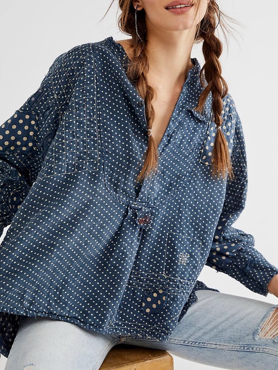 Magnolia Pearl Tops - Magnolia Pearl Indigo Polka Dot Henry Top 926 Charlie OS NWOT